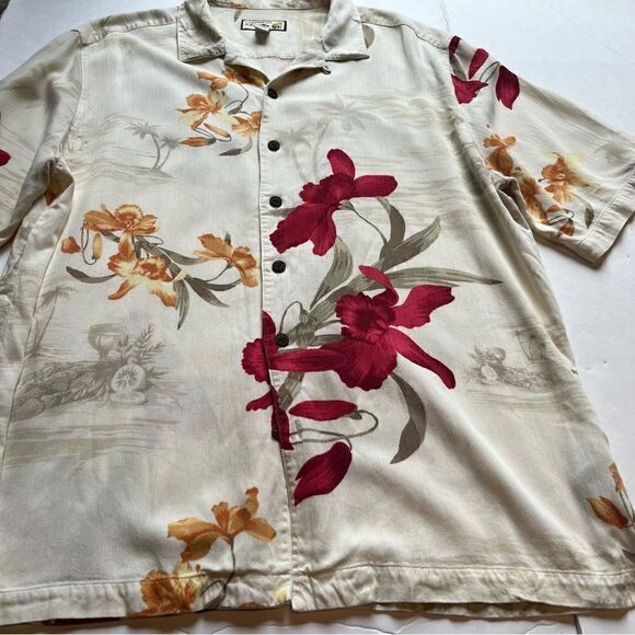 Caribbean Joe Short Sleeve Button Up Shirt Cream/Red Multi Floral Size XL - Picture 5 of 8